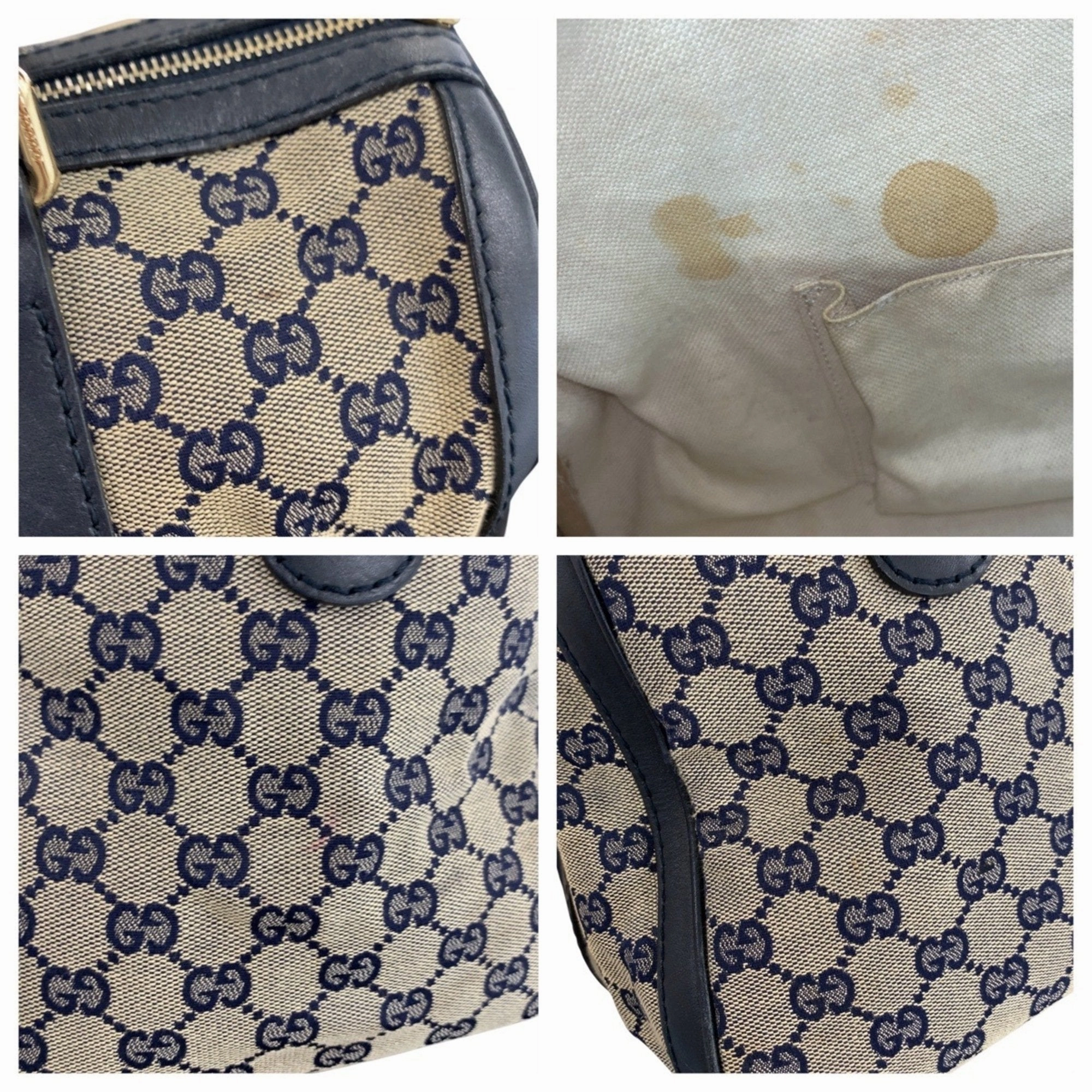 Gucci Navy Gg Canvas Leather Boston Bag Handbag Shoulder Bag (Pre-Owned)