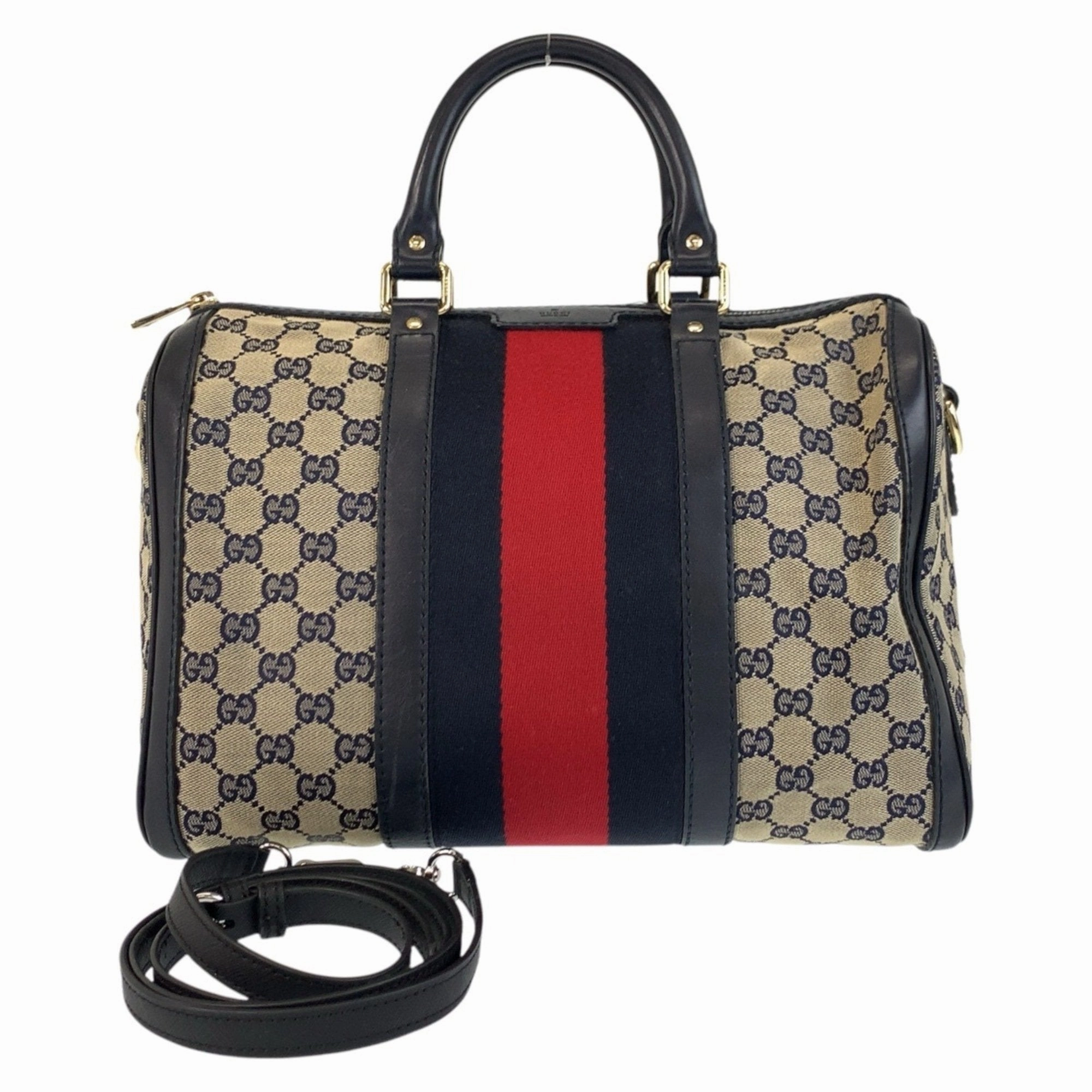 Gucci Navy Gg Canvas Leather Boston Bag Handbag Shoulder Bag (Pre-Owned)
