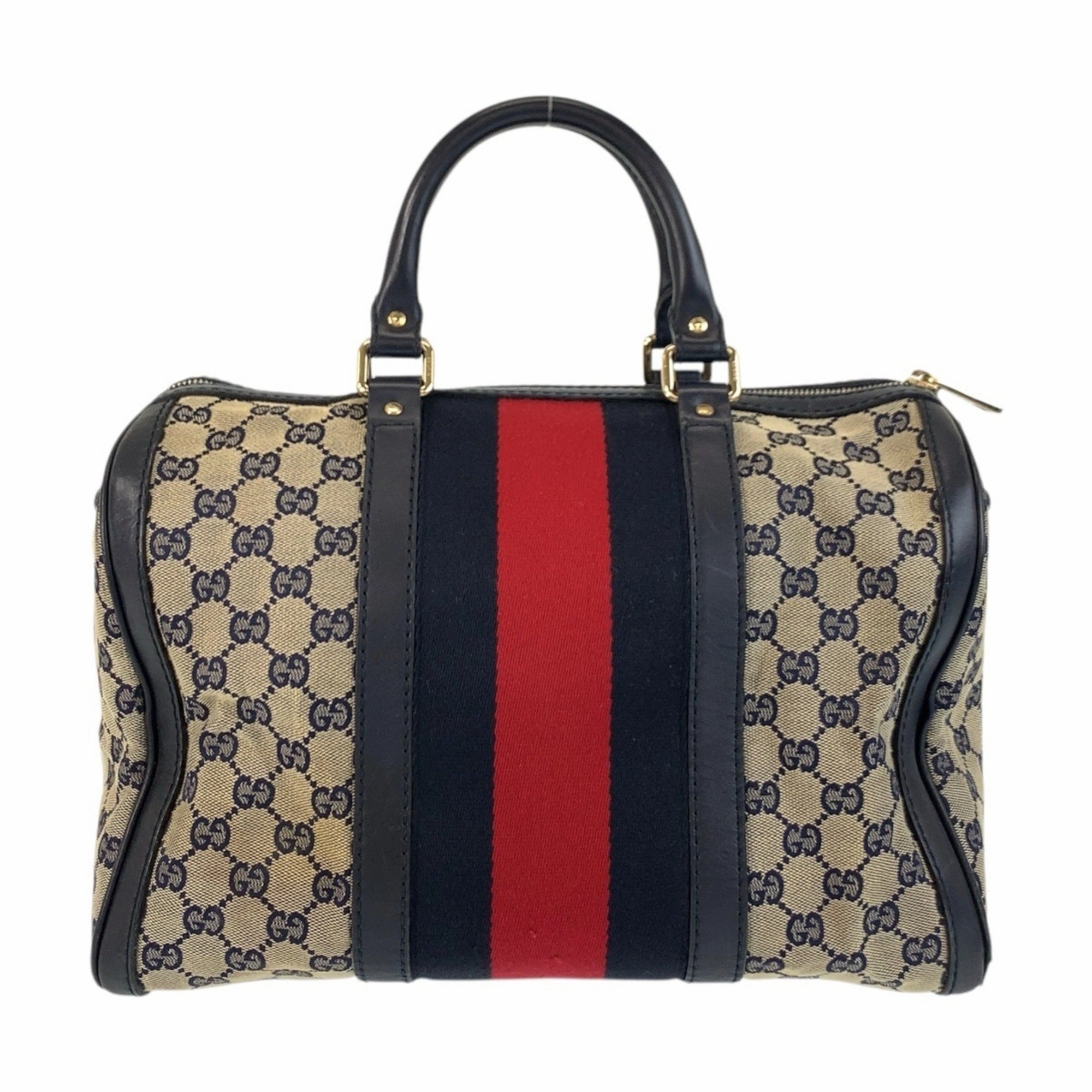 Gucci Navy Gg Canvas Leather Boston Bag Handbag Shoulder Bag (Pre-Owned)