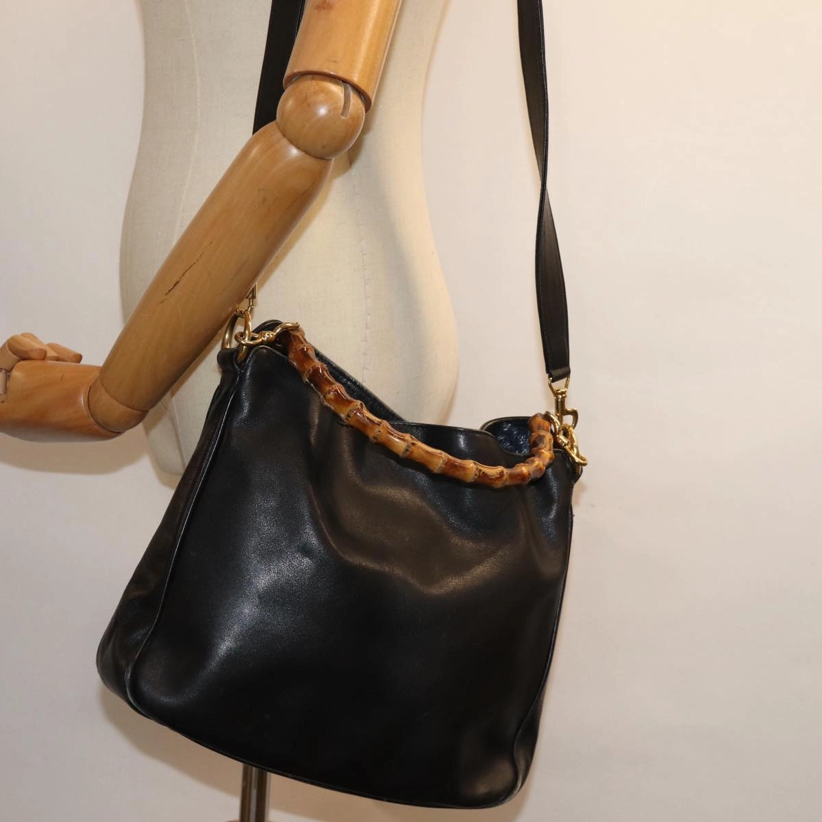 GUCCI Shoulder Bag Leather Bamboo Black  76159