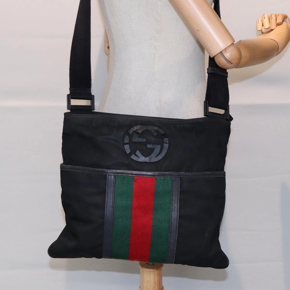 GUCCI Web Sherry Line Shoulder Bag Nylon Black Silver 181067 1952
