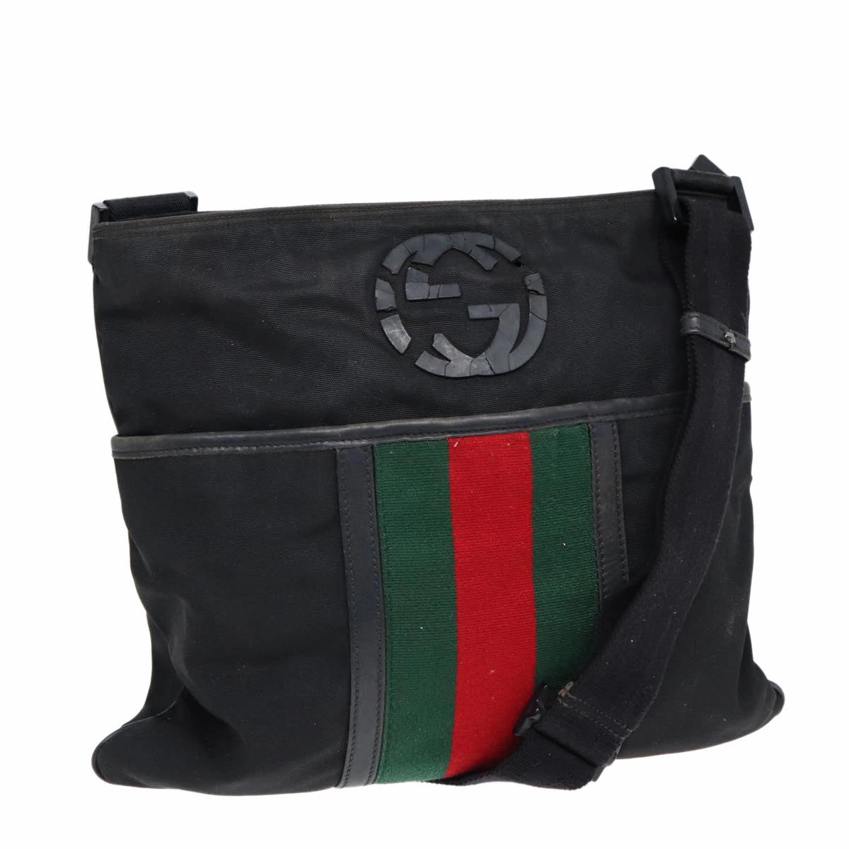 GUCCI Web Sherry Line Shoulder Bag Nylon Black Silver 181067 1952