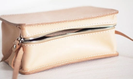 Handmade Leather Beige Womens Small Box Shoulder Purse Crossbody Bag for Women