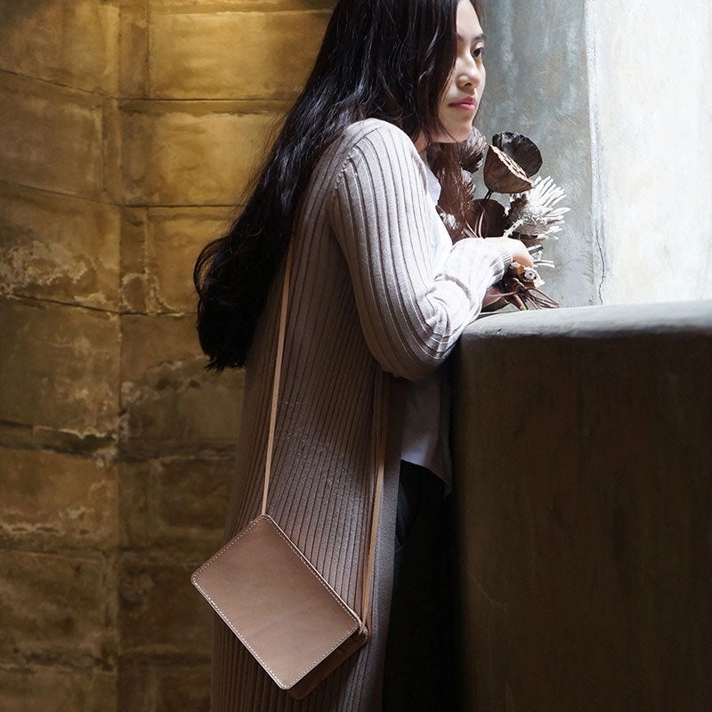 Handmade Leather Beige Womens Small Box Shoulder Purse Crossbody Bag for Women