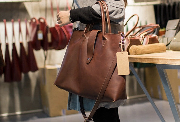 Handmade Leather big handbag dark green brown for women leather shoulder bag