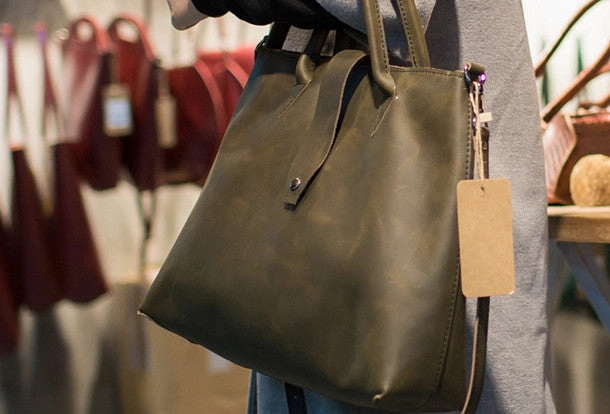 Handmade Leather big handbag dark green brown for women leather shoulder bag