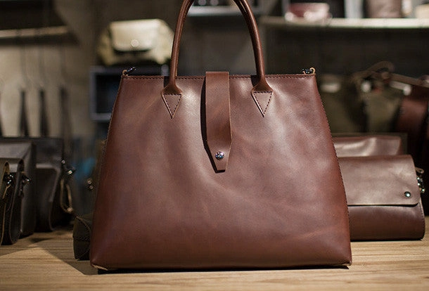 Handmade Leather big handbag dark green brown for women leather shoulder bag