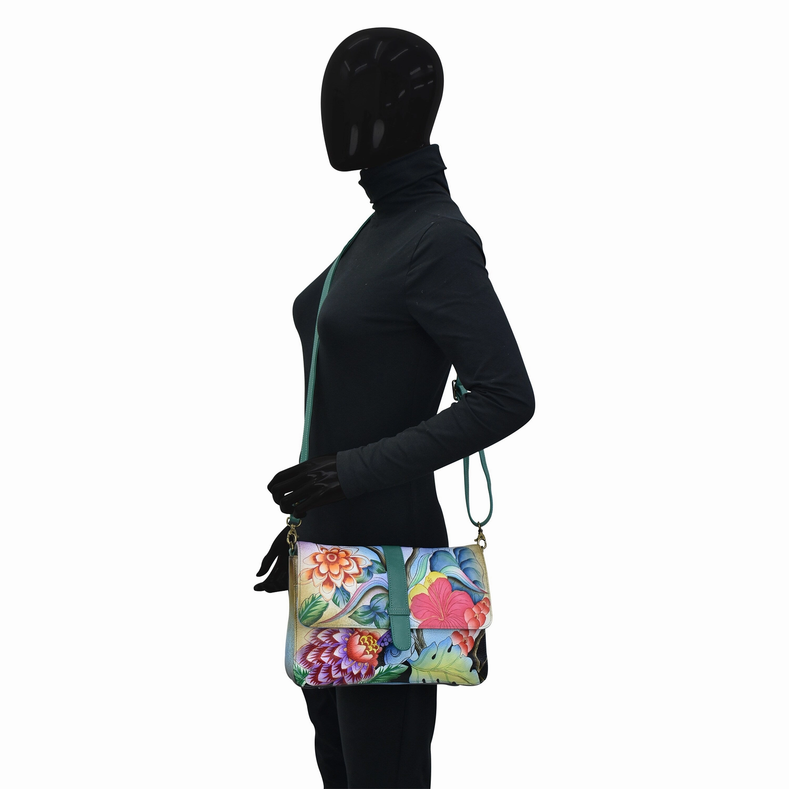Handpainted Leather Medium Flap Messenger - Whimsical Garden