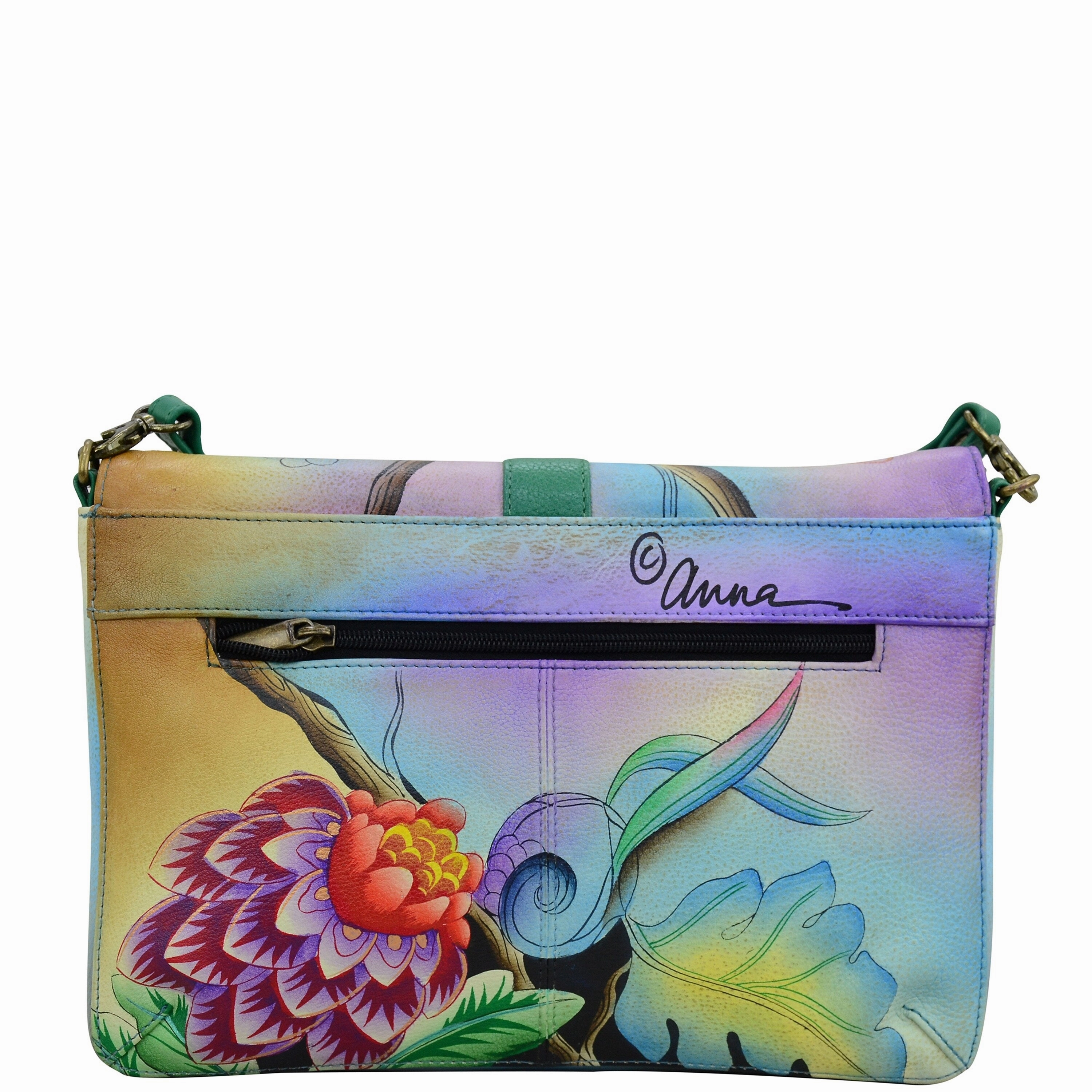 Handpainted Leather Medium Flap Messenger - Whimsical Garden