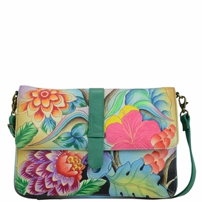 Handpainted Leather Medium Flap Messenger - Whimsical Garden