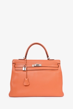 Herms 2010 Orange Clemence Leather Kelly Retourne 35 Top Handle with Canvas Strap