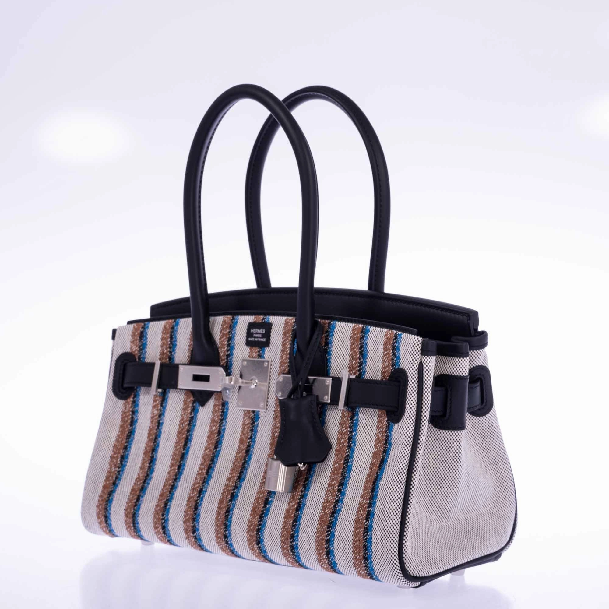 Herms Birkin Shoulder Light 29 in Black Evercolor and Embroidered Toile Palladium Hardware