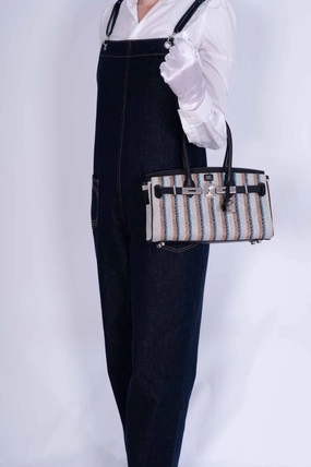 Herms Birkin Shoulder Light 29 in Black Evercolor and Embroidered Toile Palladium Hardware