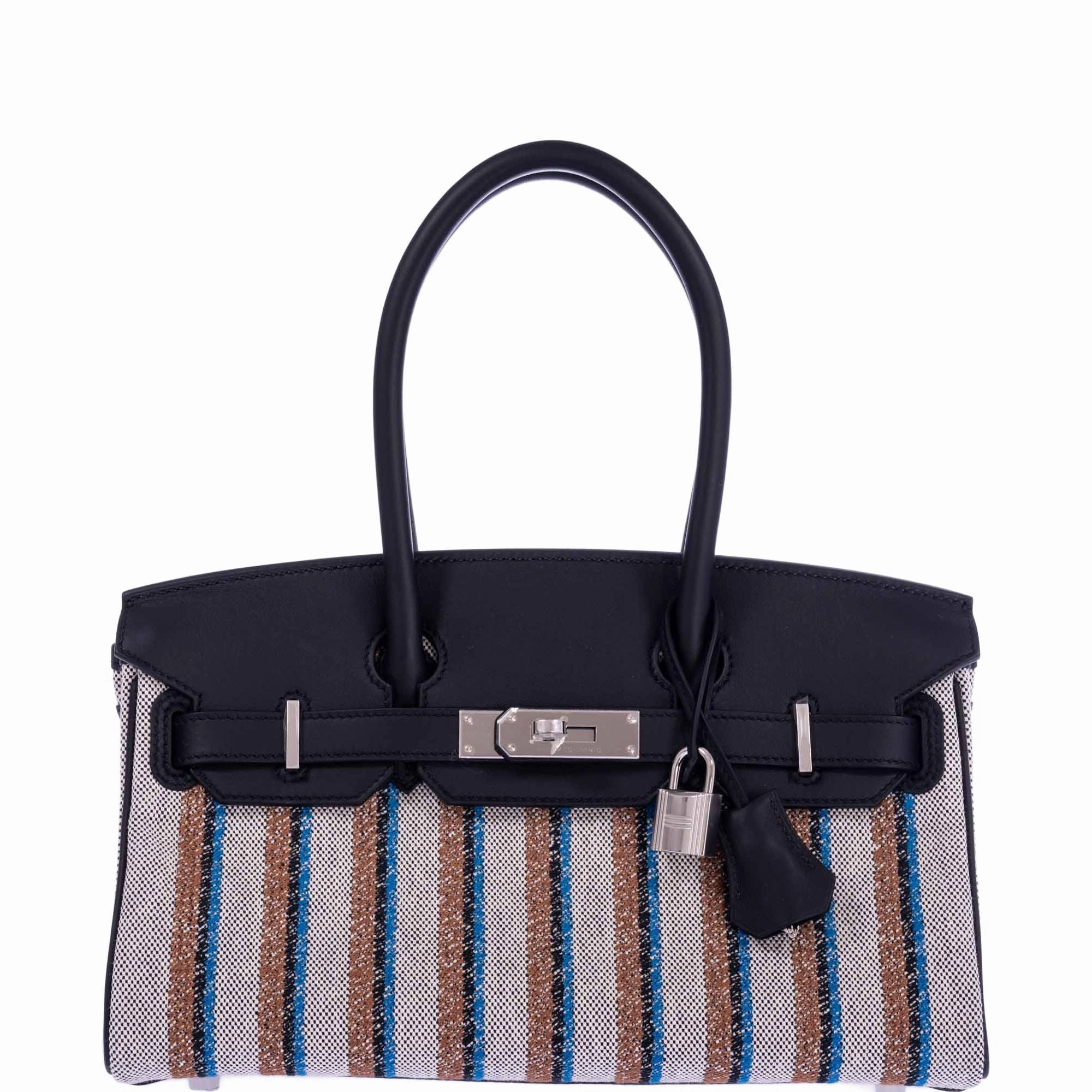 Herms Birkin Shoulder Light 29 in Black Evercolor and Embroidered Toile Palladium Hardware