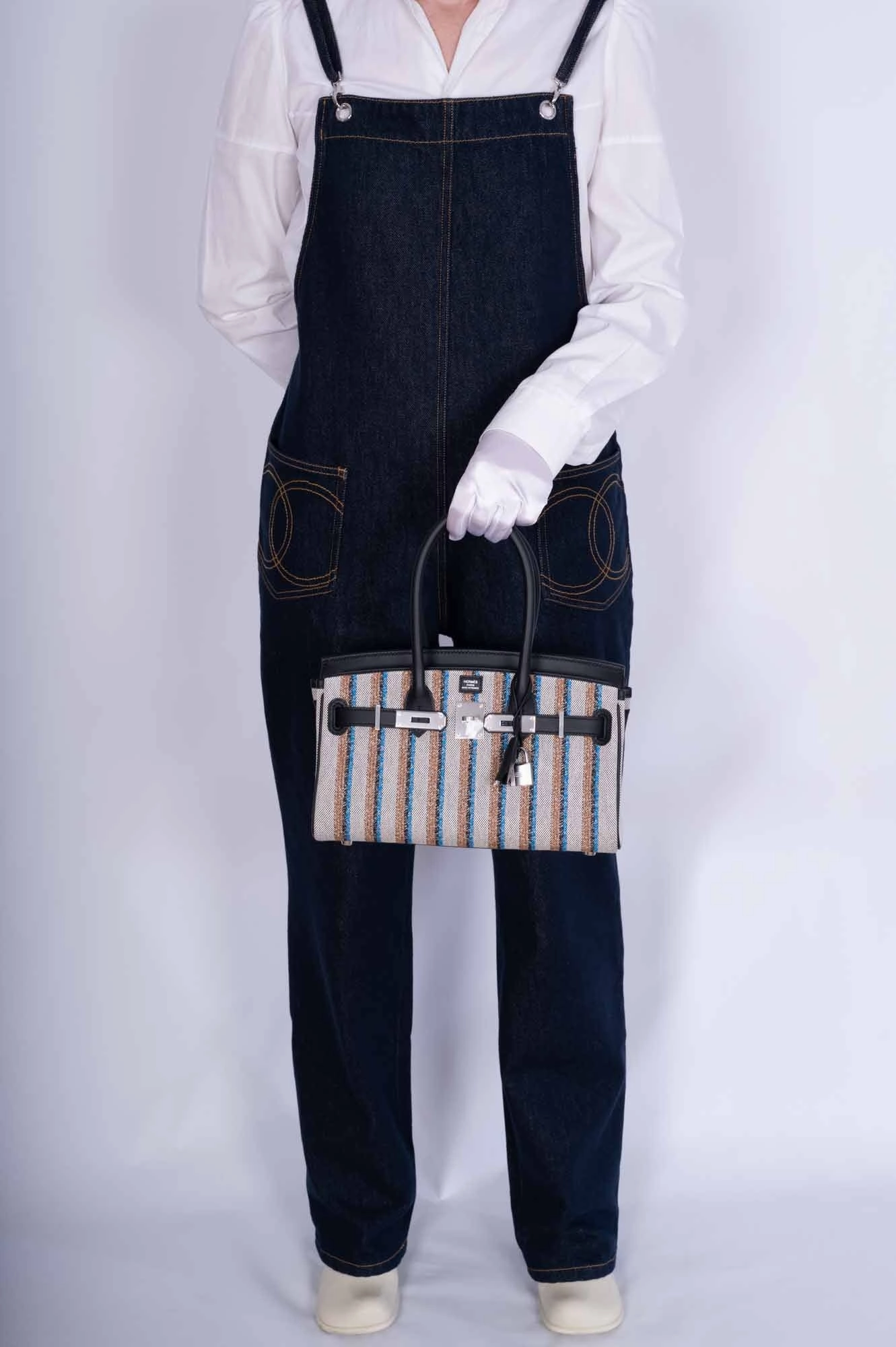 Herms Birkin Shoulder Light 29 in Black Evercolor and Embroidered Toile Palladium Hardware