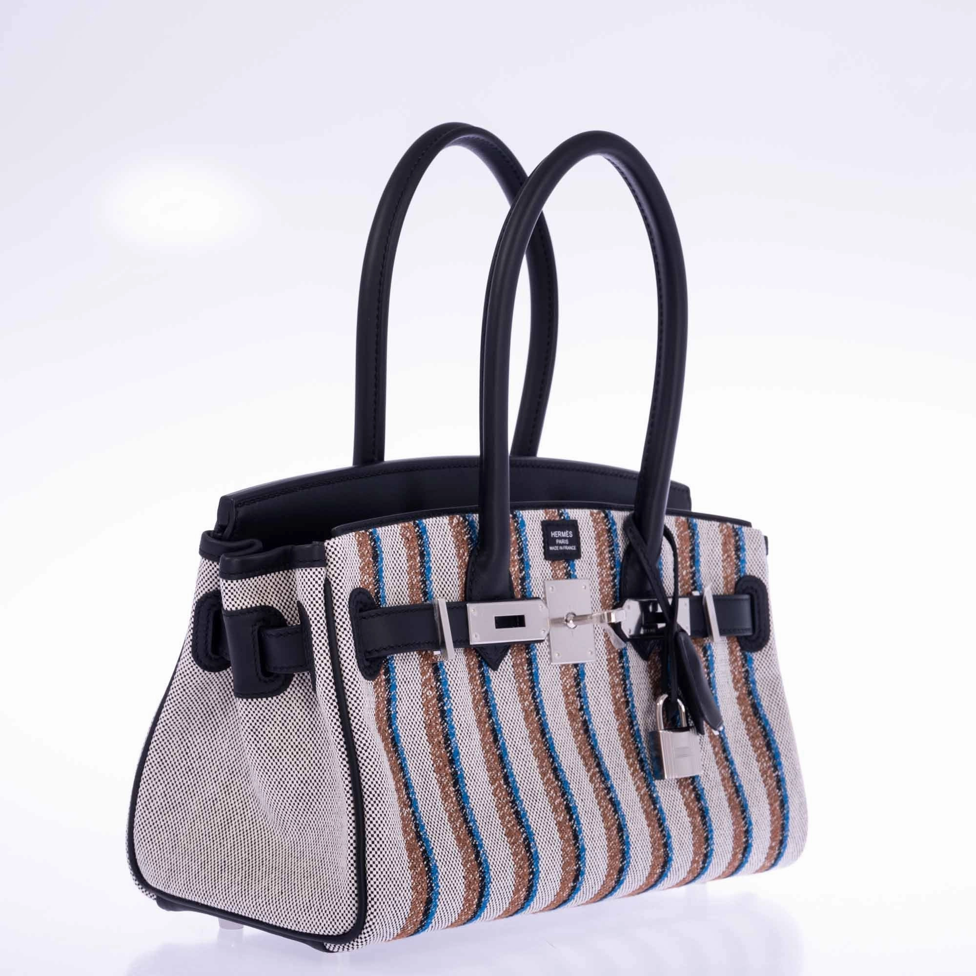Herms Birkin Shoulder Light 29 in Black Evercolor and Embroidered Toile Palladium Hardware