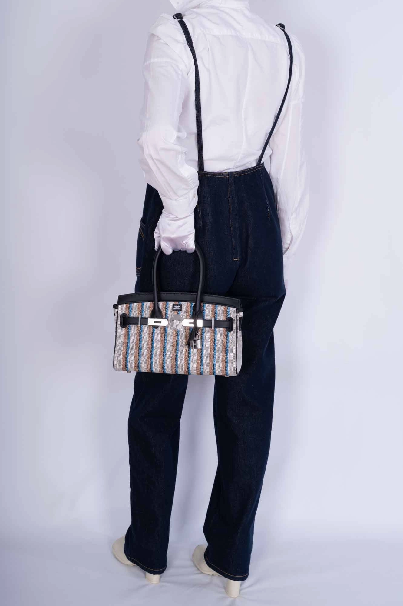 Herms Birkin Shoulder Light 29 in Black Evercolor and Embroidered Toile Palladium Hardware