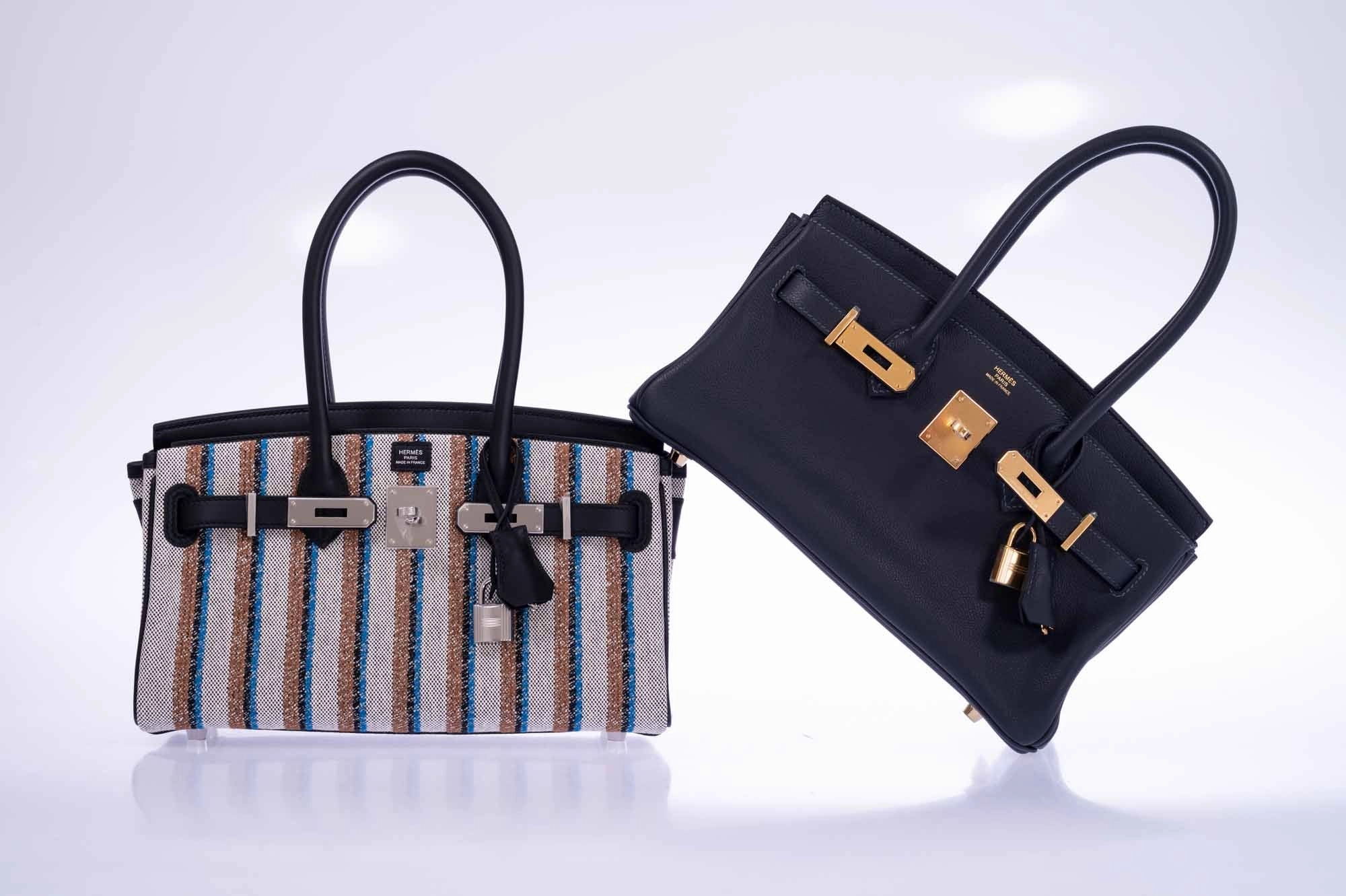 Herms Birkin Shoulder Light 29 in Black Evercolor and Embroidered Toile Palladium Hardware