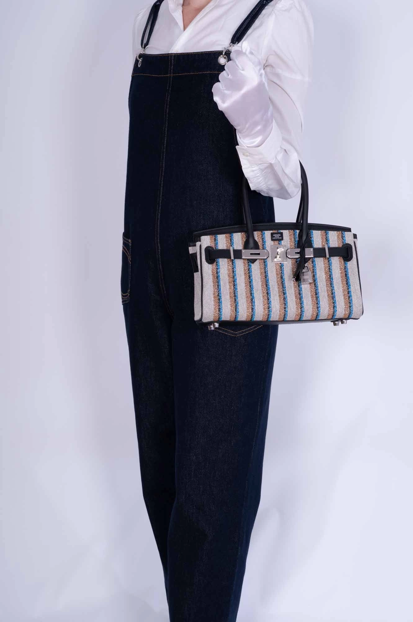 Herms Birkin Shoulder Light 29 in Black Evercolor and Embroidered Toile Palladium Hardware