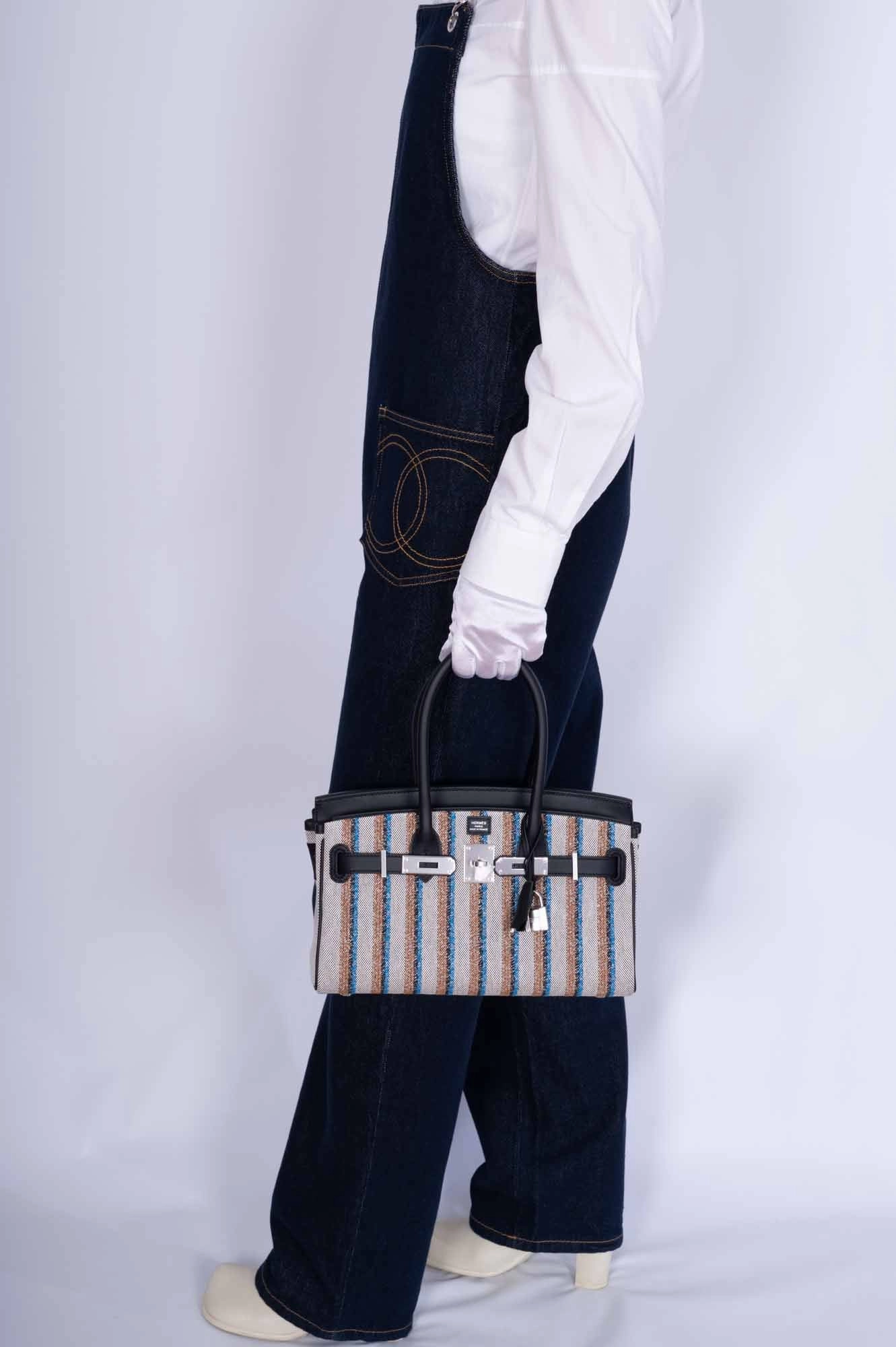 Herms Birkin Shoulder Light 29 in Black Evercolor and Embroidered Toile Palladium Hardware