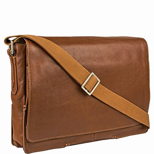 Hidesign Fred Leather Business Laptop Messenger Cross Body Bag, Tan