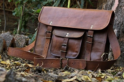 HLC Leather Unisex Real Leather Messenger Bag for Laptop Briefcase Satchel 