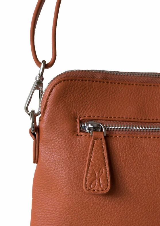 HOOPLA LEATHER MINI CROSSBODY SLOUCH/CLUTCH OCHRE BROWN