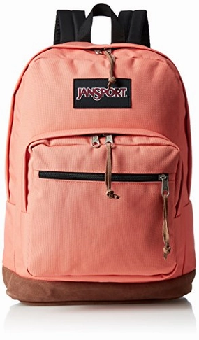 JanSport Right Pack Backpack - School, Travel, Work, or Laptop Bookbag with Leather Bottom, Faded Coral