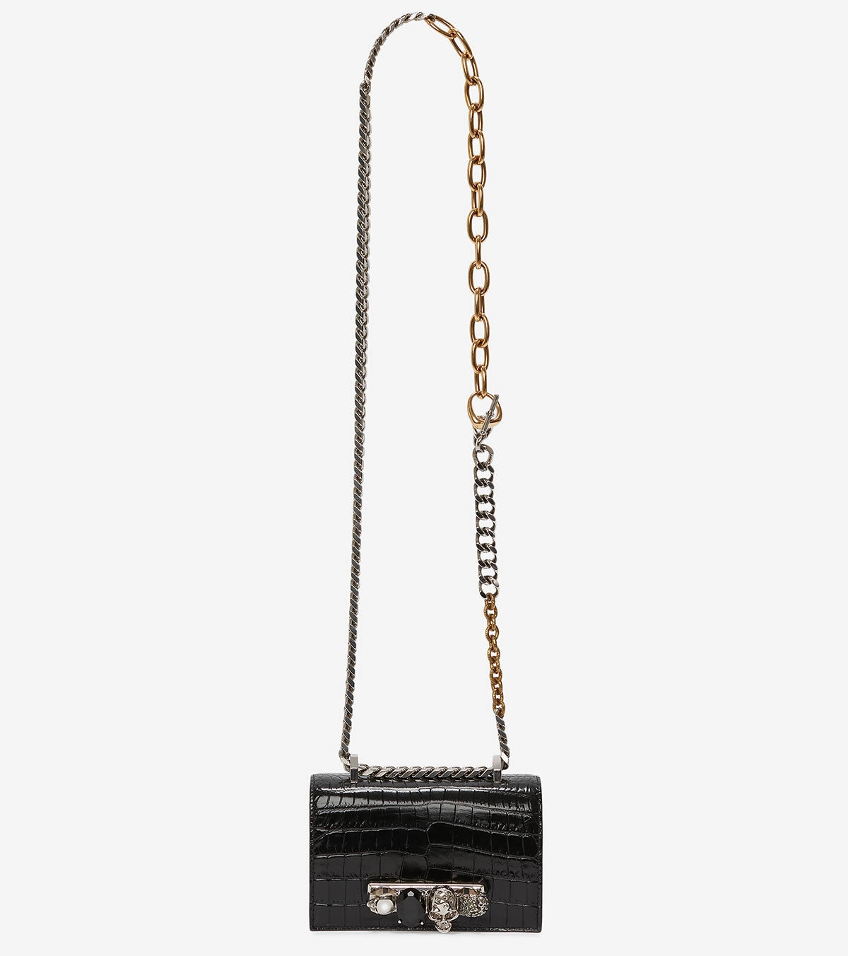 Jewelled Knuckle Satchel Mini, Croc, Black