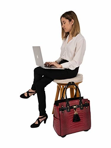 JKM and Company THE WESTLAKE Burgundy Red & Black Alligator Compatible With Computer iPad, Laptop Tablet Rolling Tote Bag Briefcase Carryall Bag