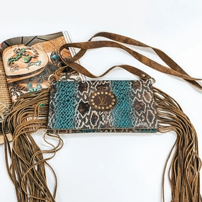 Keep It Gypsy | Rectangle Turquoise Snake Print Purse in Genuine Leather with Leather Fringe