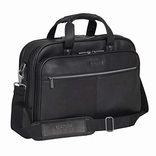 Kenneth Cole Reaction Resolute Men's Briefcase Full-Grain Colombian Leather 16" Laptop Portfolio Messenger Bag, Midnight Black, One Size