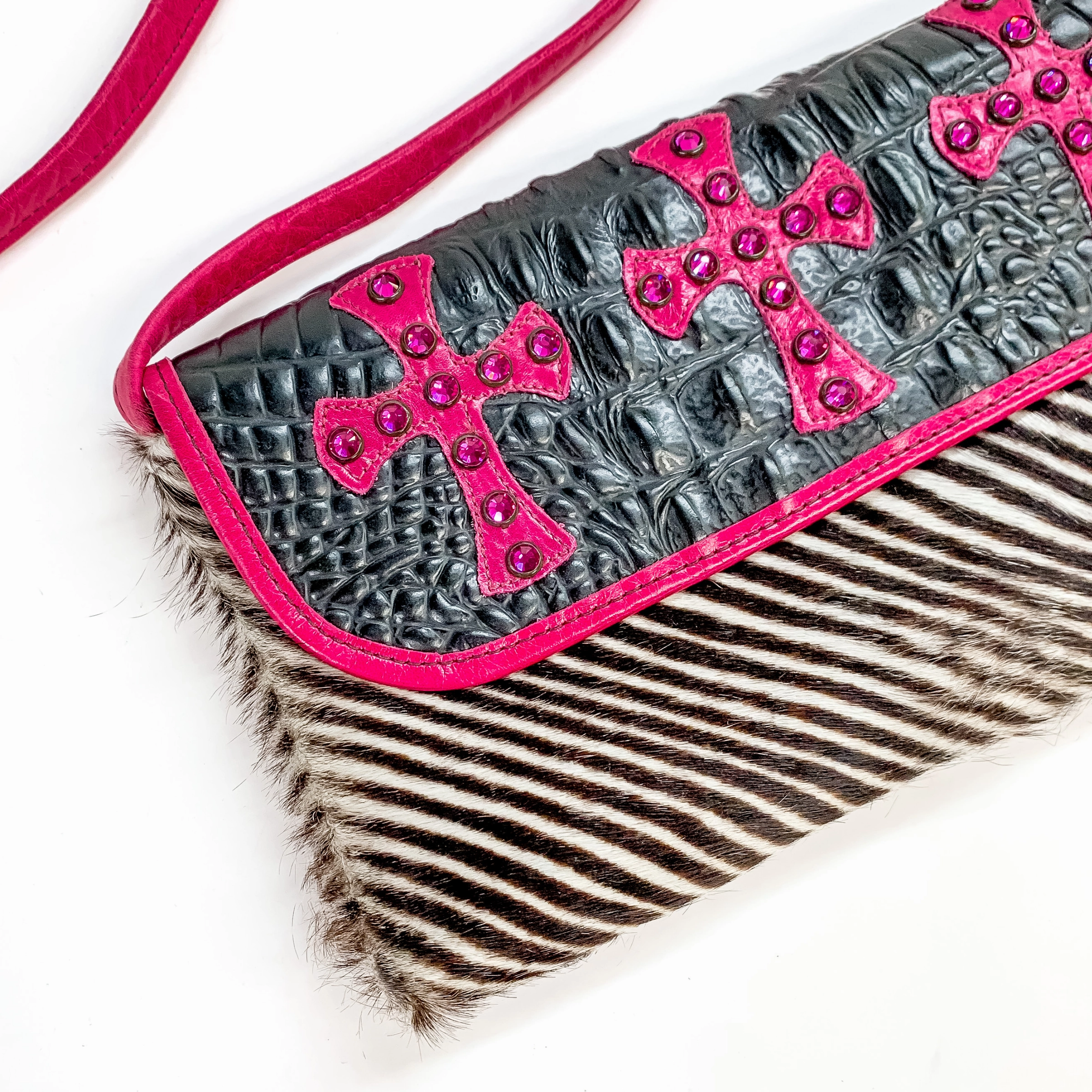 KurtMen Designs | Pink Crystal Cross Crocodile and Zebra Crossbody Clutch