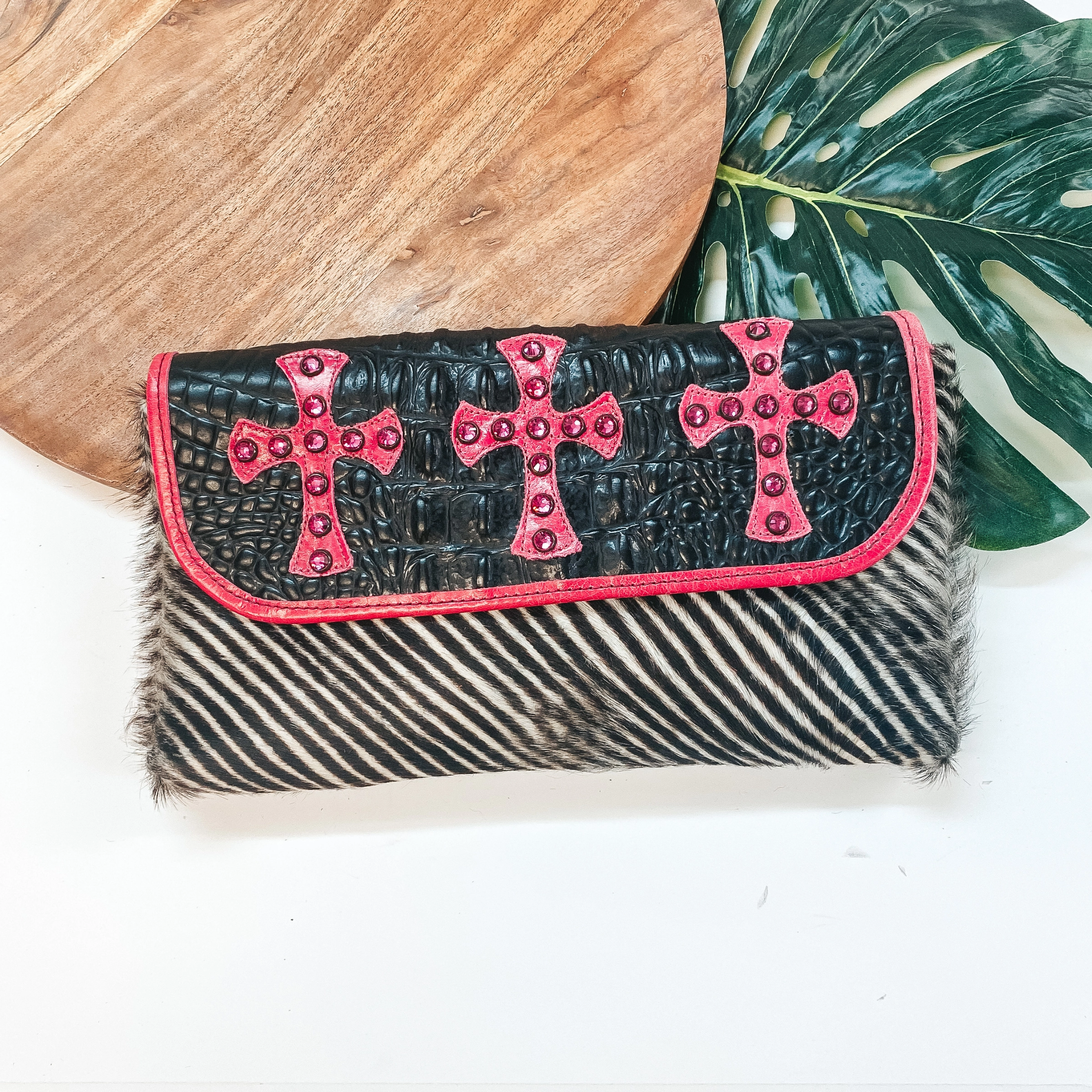 KurtMen Designs | Pink Crystal Cross Crocodile and Zebra Crossbody Clutch