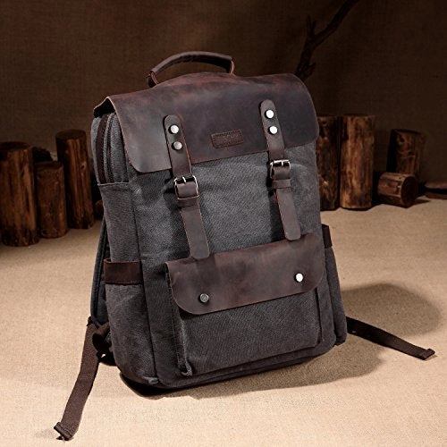 Leather Laptop Backpack,VASCHY Casual Canvas Campus School Rucksack with 15.6 inch Laptop Compartment