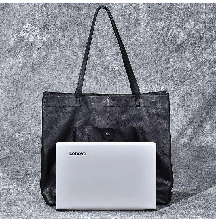 Leather Mens Womens 15" Large Shoulder Bag Black Tote Bag Large Side Bag Handbag For Men