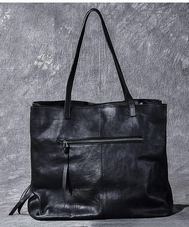 Leather Mens Womens 15" Large Shoulder Bag Black Tote Bag Large Side Bag Handbag For Men
