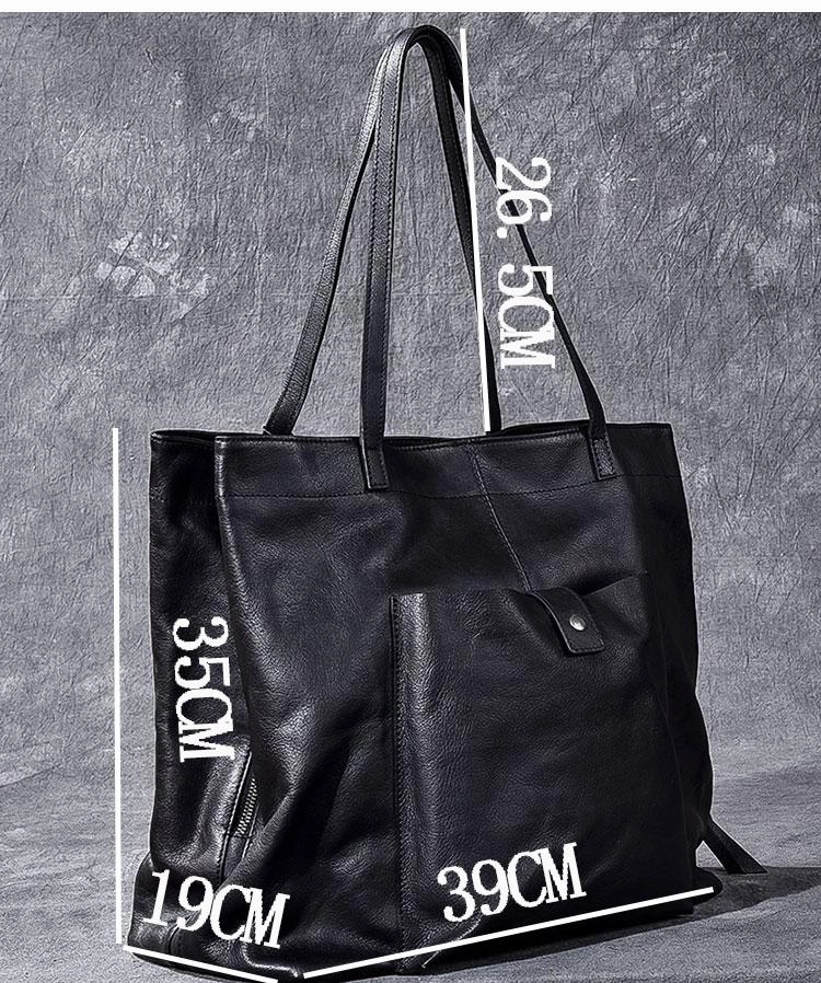 Leather Mens Womens 15" Large Shoulder Bag Black Tote Bag Large Side Bag Handbag For Men