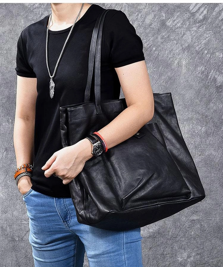 Leather Mens Womens 15" Large Shoulder Bag Black Tote Bag Large Side Bag Handbag For Men