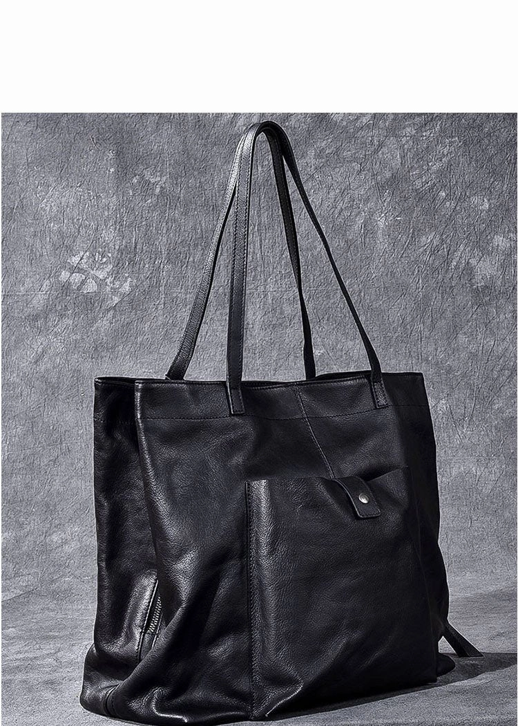 Leather Mens Womens 15" Large Shoulder Bag Black Tote Bag Large Side Bag Handbag For Men