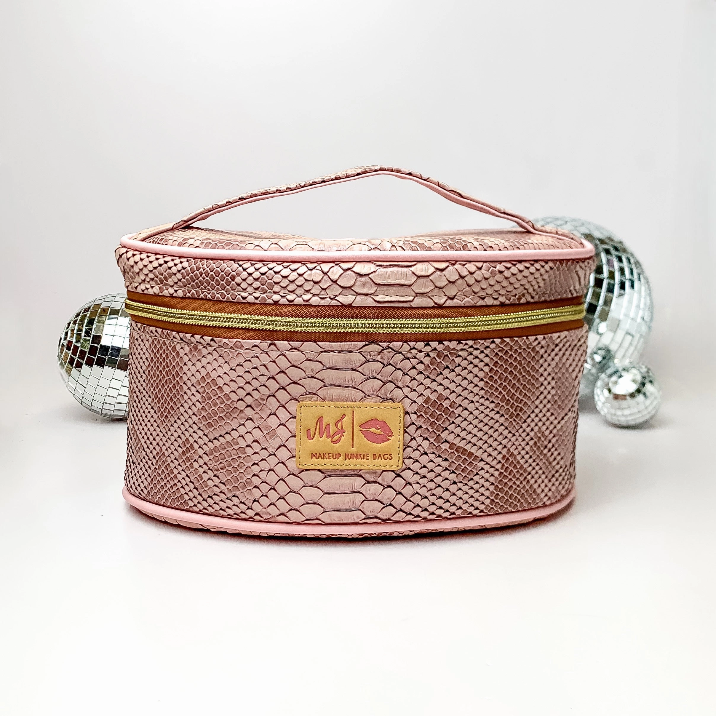 Makeup Junkie | Small Copperazzi Train Case in Dusty Pink Snake Print