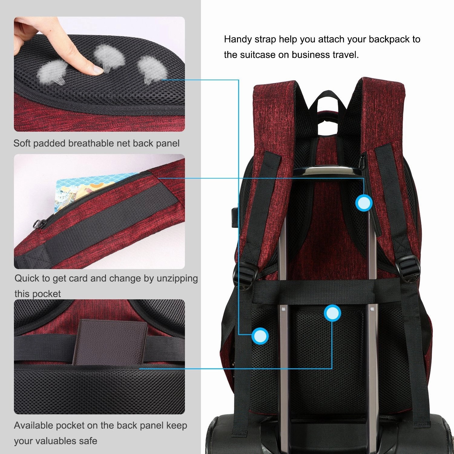 MarsBro Laptop Backpack, Business Travel Gear with USB Charging Port College Water Resistant Anti Theft 15.6 Inch Bag for Women Men Wine Red