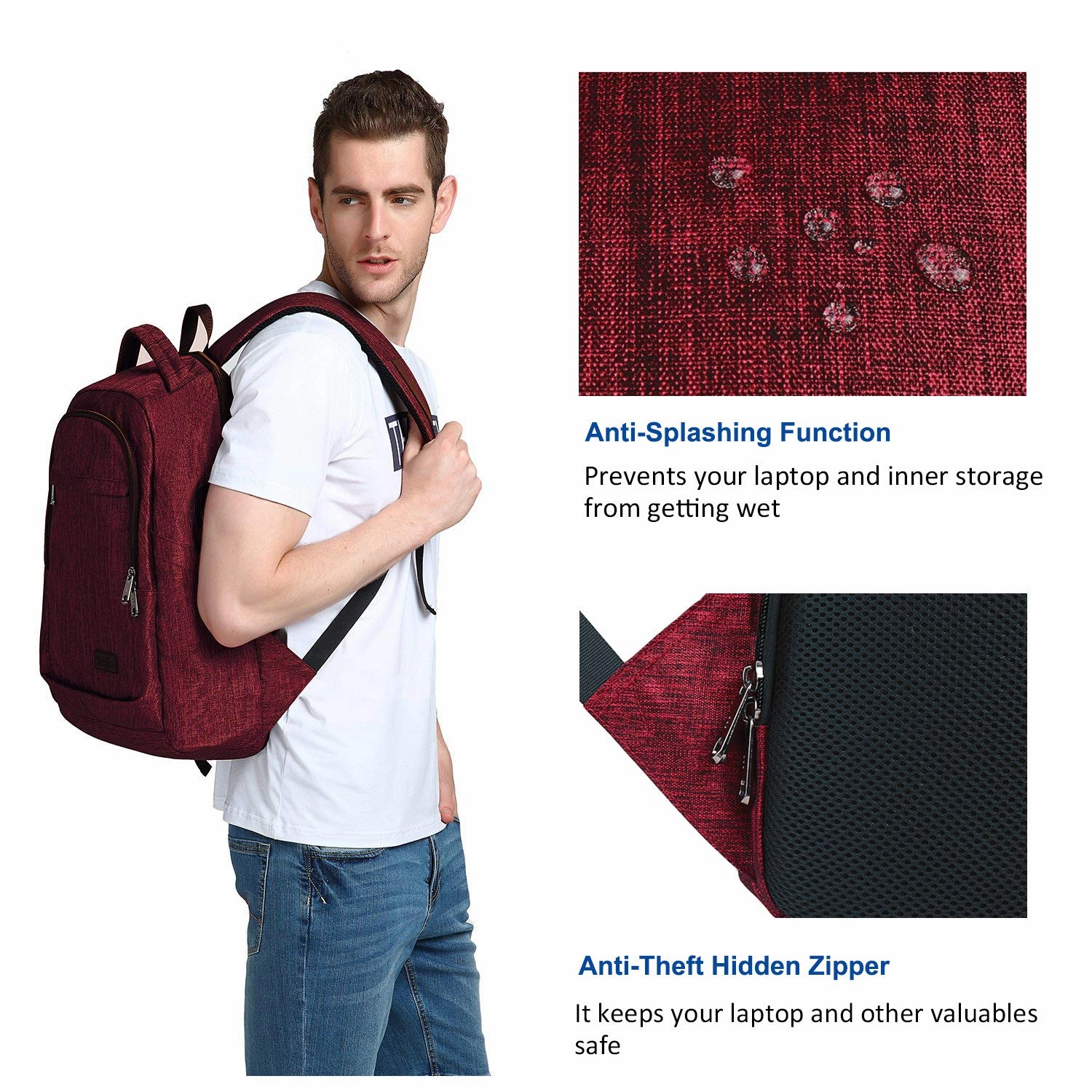 MarsBro Laptop Backpack, Business Travel Gear with USB Charging Port College Water Resistant Anti Theft 15.6 Inch Bag for Women Men Wine Red