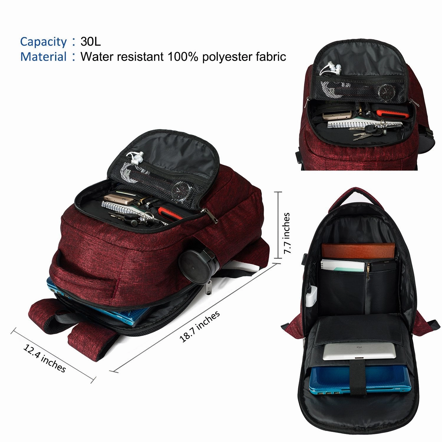 MarsBro Laptop Backpack, Business Travel Gear with USB Charging Port College Water Resistant Anti Theft 15.6 Inch Bag for Women Men Wine Red