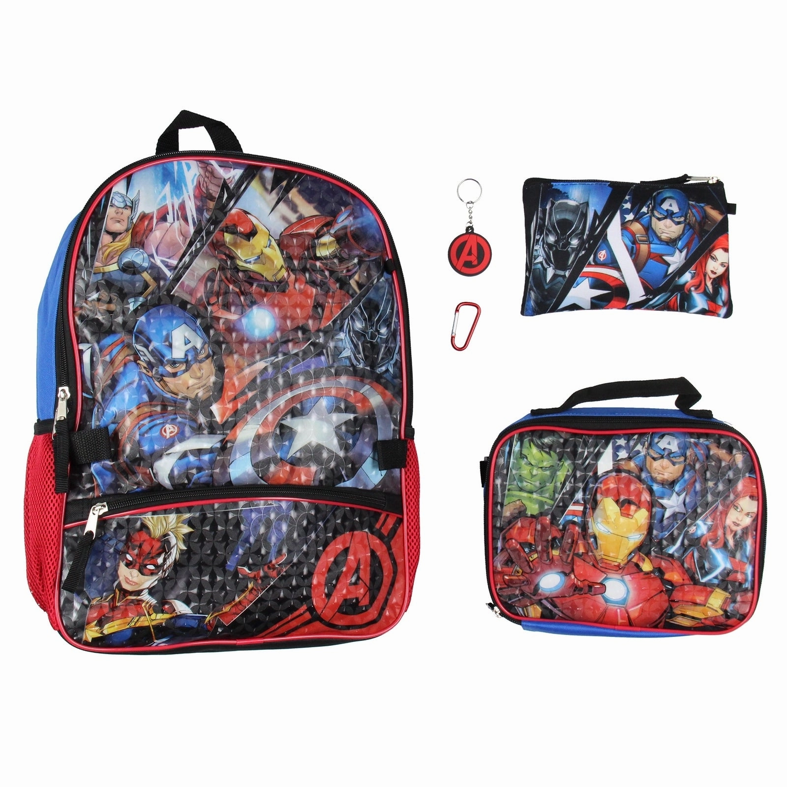 Marvel Avengers 5 Pc Kids Backpack Set Lunch Box Key Chain Pencil Case Carabiner For Travel School - One Size
