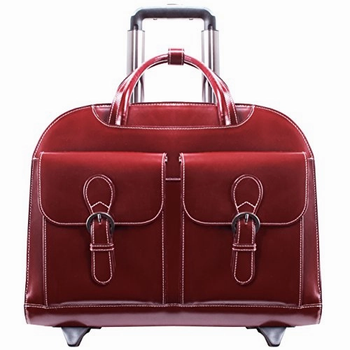 McKlein, L Series, Davis, Top Grain Cowhide Leather with Faux Leather Trim, 15" Leather Wheeled Ladies' Laptop Briefcase, Red (96186A)
