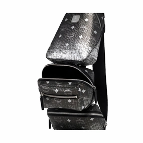 MCM Women's Black Silver Gradien Visetos Trey 4-in-1 Sling Crossbody Belt Bag