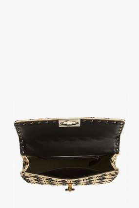 Medium Rockstud Spike Check Raffia Shoulder Bag