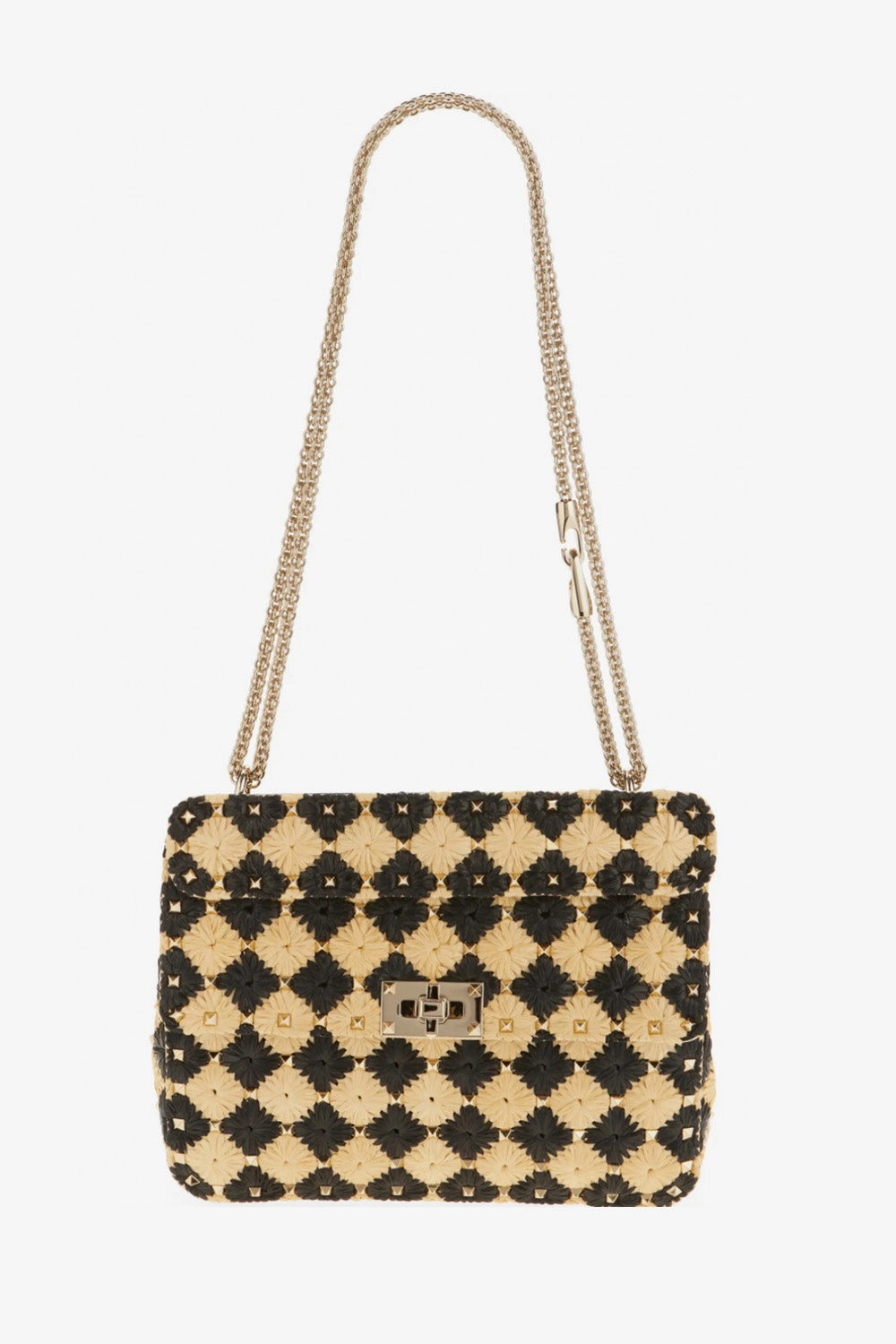 Medium Rockstud Spike Check Raffia Shoulder Bag