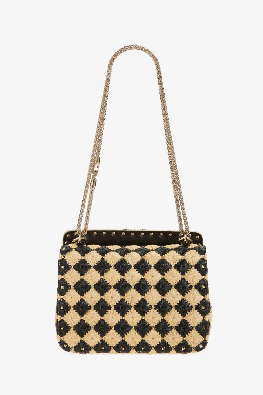 Medium Rockstud Spike Check Raffia Shoulder Bag